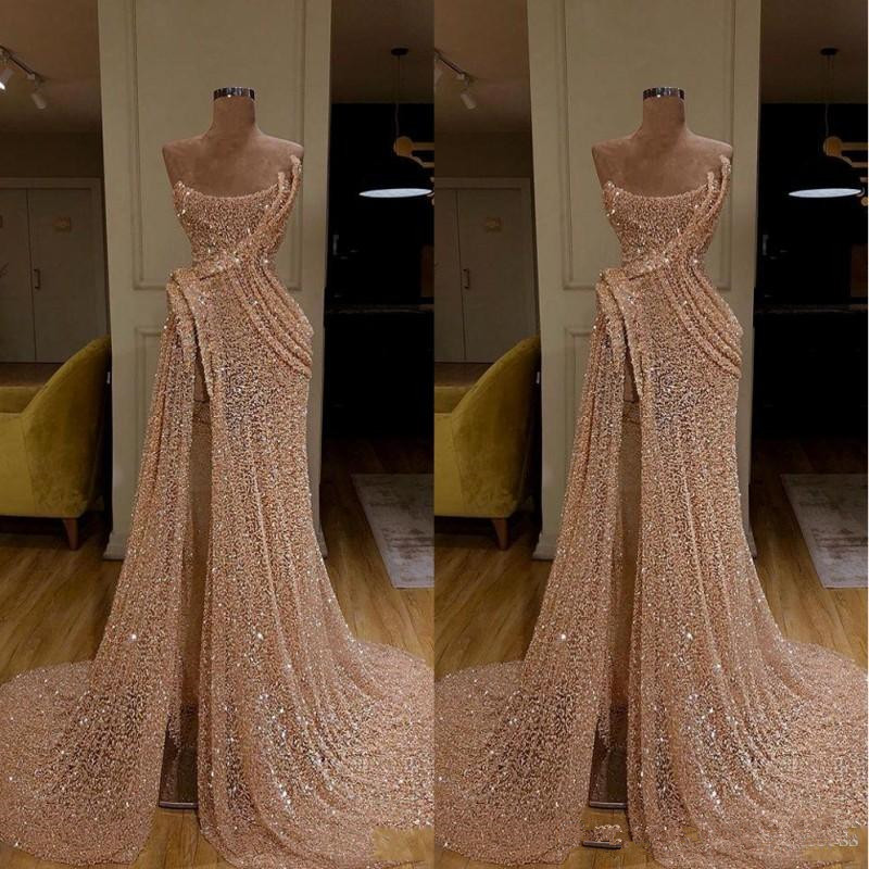 

2020 New Arrival Long Train Gold Mermaid Evening Dresses High Split Pageant Dress Formal Prom Gowns robe de soiree Abendkleider