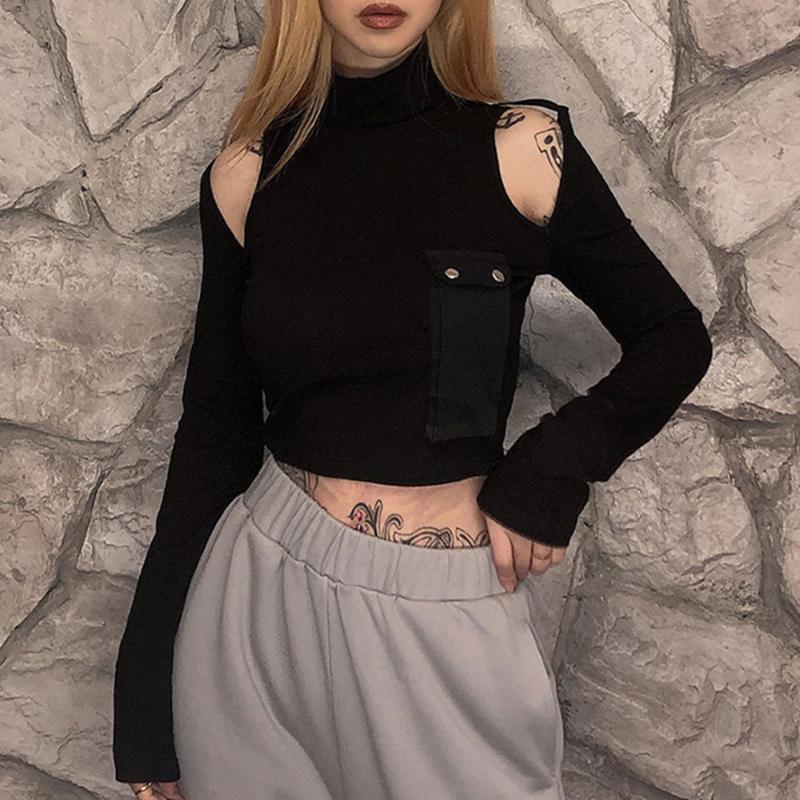 

Rosetic Sexy Off Shoulder T-Shirt Women Top Streetwear Black Tshirt Gothic Long Sleeve Spring 2020 Short Tops Pocket Punk Rock