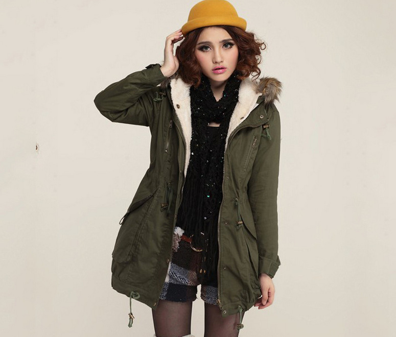 

Suit-dress Loose Long Hat Down Cotton-padded Clothes Coat Winter Jacket Women, Army green