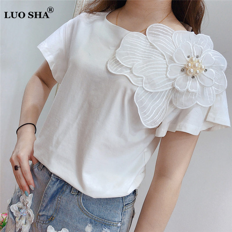 

LUOSHA Women 2019 Summer 3D Flower Pear Beading Ruffles Sleeve Loose Cotton Tshirt And Tops Female Casual White Tshirts T200110