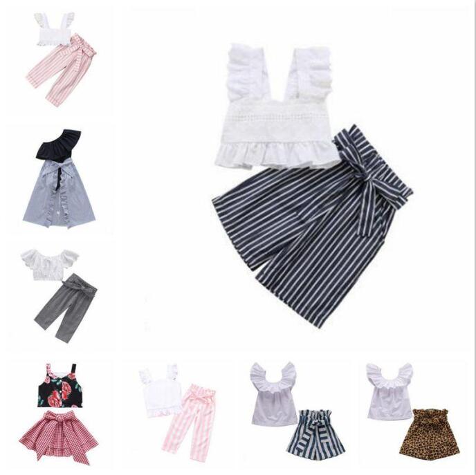 

Baby Girl Clothes Girls Summer Boutique Clothing Sets Lace Fly Sleeve Crop Tops Striped Pants Suits Leopard Plaid Skirts With Belt C7212
