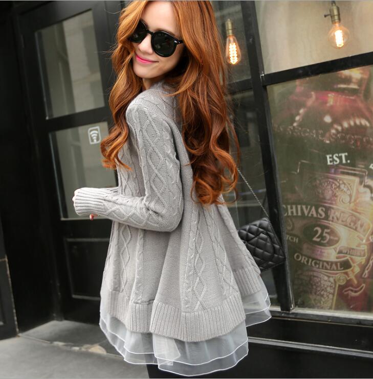 

2020 elegant chiffon wool sweater long cute office Spring Korean Style Women' Long Thin O-neck Base Loose Sweater Lace Jacket, Beige