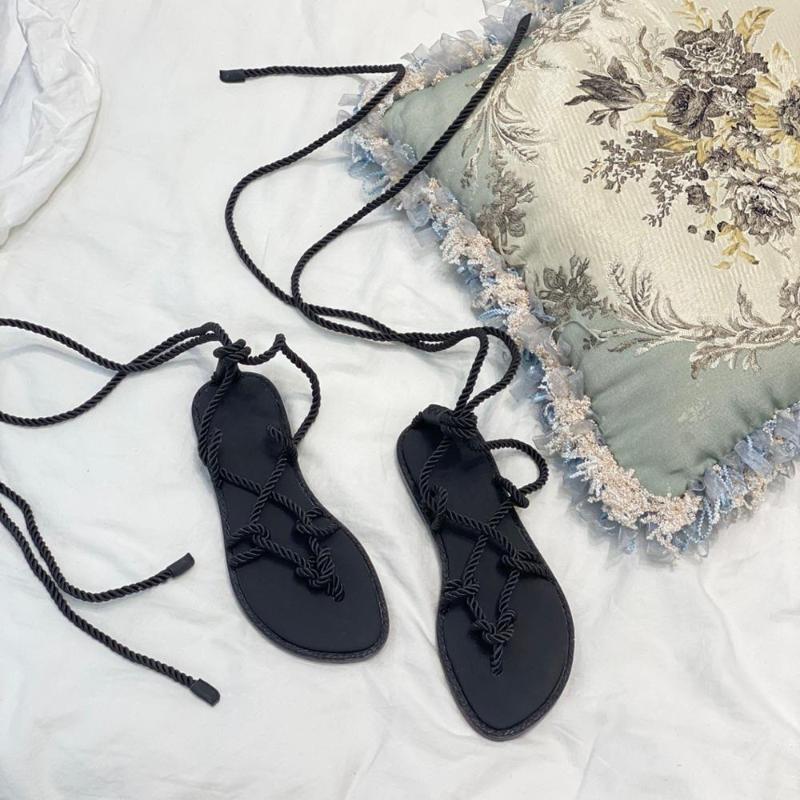 

Woman Sandals Gladiator Women Shoes Braided Rope Flats Round Toe Slides Cross-Tied Shoes Women Unique Sandals Hot Summer, As pick