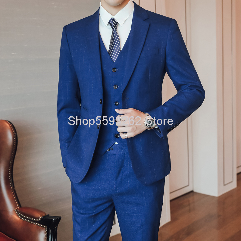 

Autumn Men Suit Suit Groom Marriage Dress Three-piece Set Slim Fit Small 6726, Blue