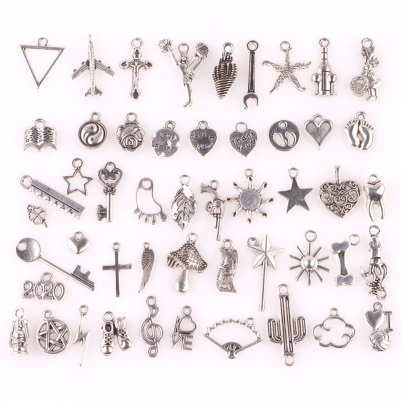 

Mix Charms 50pcs Vintage Antique Silver Heart Tool Religious Alloy Pendant DIY Necklace Jewelry Making, Bronze;silver