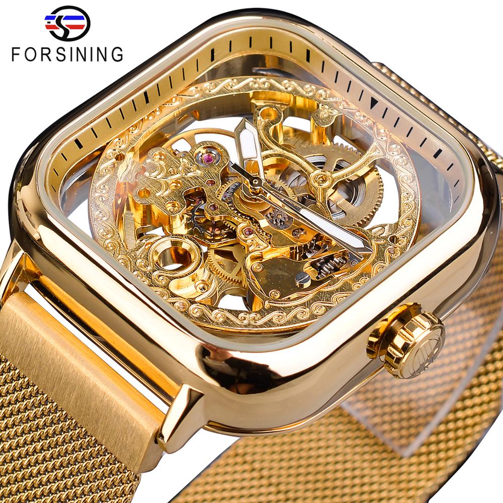 

Forsining Golden Men Automatic Watch Square Skeleton Mesh Steel Band Mechanical Business Clock Relogio Masculino Erkek Kol Saati, Khaki