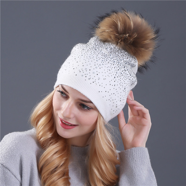 

hat for woman winter beanie hat Rabbit fur wool knitted hat the female of the mink pom pom Shining Rhinestone hats for women