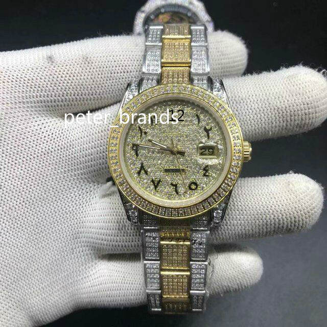 

Full Diamond Arabic Numeral dial Watch 37MM Luxury Iced Out Watch Automatic Men Silver Gold Two Tone Waterproof Stainless Diamond watch