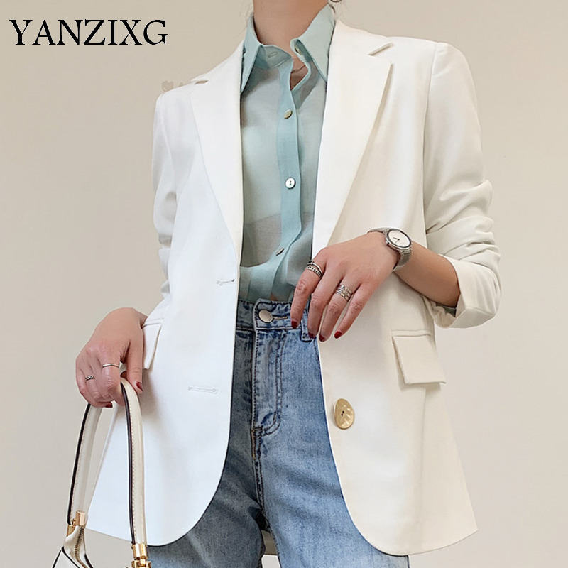

2019 Autumn New Fashion High Quality Clothing Turn-down Collar Long Sleeve Women Coat Loose Casua Lwhite Jacket Z444, White