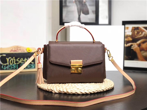 

Global free shipping 41581 size 25cm 17cm 9cm classic luxury style leather handbag best quality handbag, Printing brown