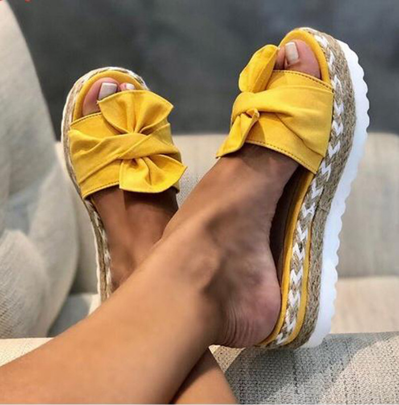 

New Women Bowknot Slippers 2020 Summer Casual Beach Muffin Slip on Platform Ladies Sandals Dress Party Peep Toe Female Sandals, Linen