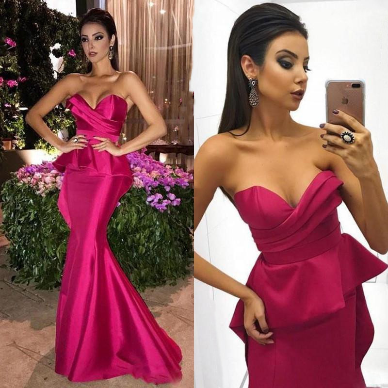 Chic Fuchsia sirène robes de soirée 2020 chérie Plis balayage train arabe Simple Cheap Prom Party Robes Robe De Soriee