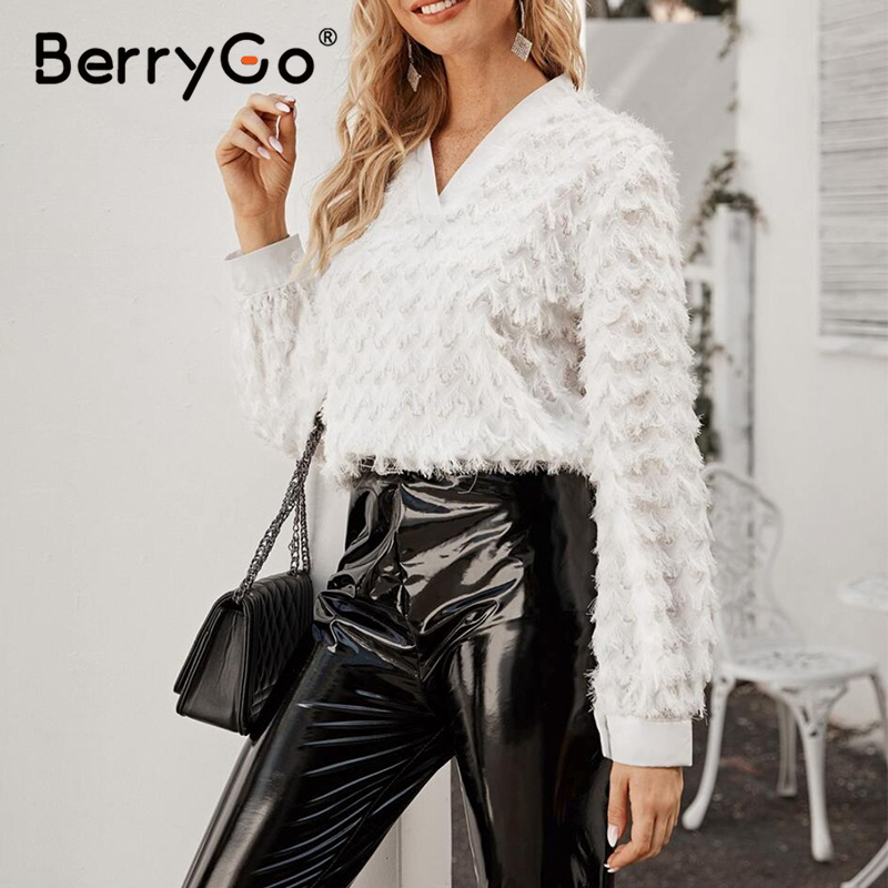 

Women' Blouses & Shirts BerryGo Fashion Feather Women White Blouse Shirt Long Sleeve Chic V Neck Tops Female Elegant Spring Summer Ladies 2