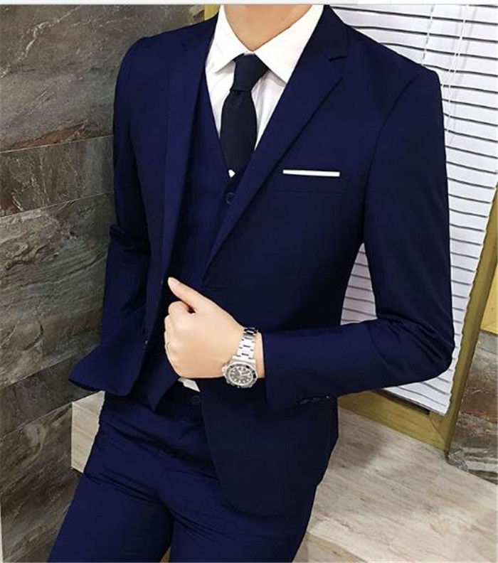 

Slim Fit Mens Fashion Designer Three Piece Business Suit Stand Collar Long Sleeve Single Button Solid Color Homme Clothing, Black