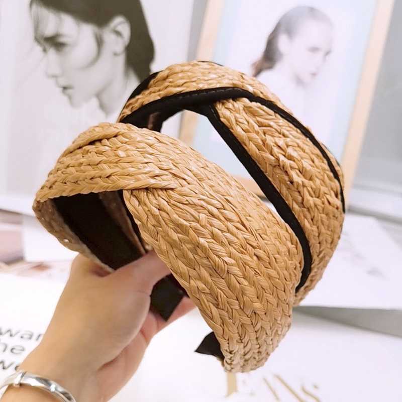 

M MISM Korean Style Knotted Cross Handmade Bohemian Straw Headband Turban for Women Girls Hoop Bezel Hairbands Hair Accessories