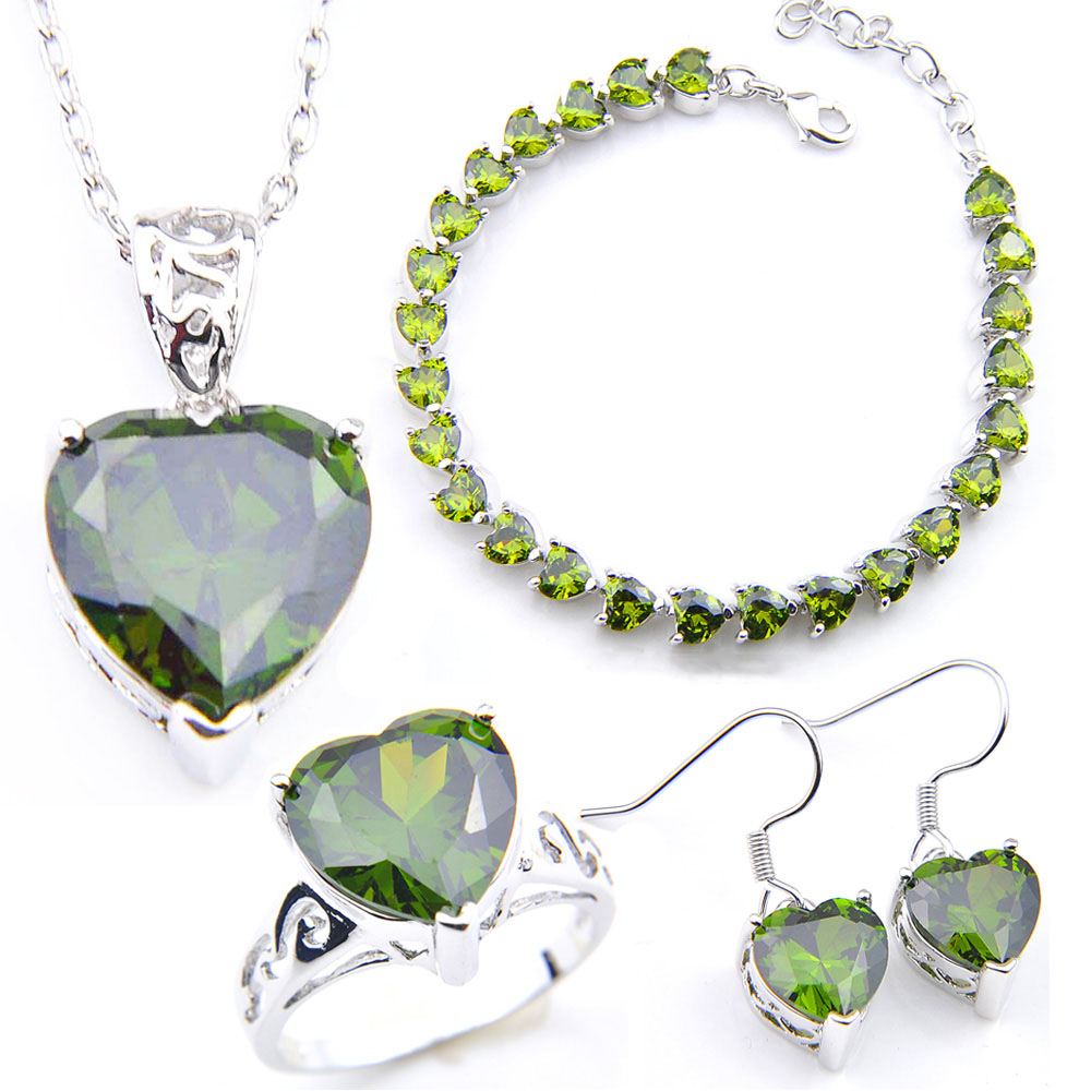 

LuckyShine Earring Pendants Rings Bracelet Sets Silver Crystal Zircon Heart Jewelry Sets For Women Sets Wedding Jewelry NEW, Olive green