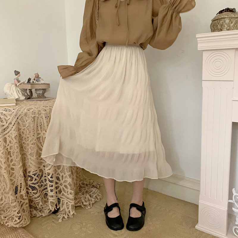 

Long Skirt Womens Skirts Clothing 2020 Spring Summer High Waist Elastic Harajuku Vintage Streetwear Ruffle asymmetrical Chiffon, Beige