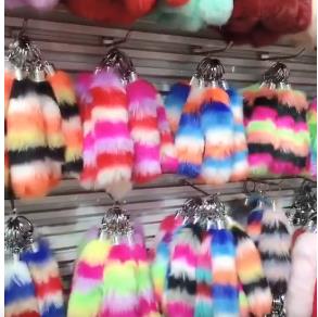 

New faux rabbit fur striped tail pendant key ring colorful cute bag Keychain Imitation rabbit fur striped tail keychain