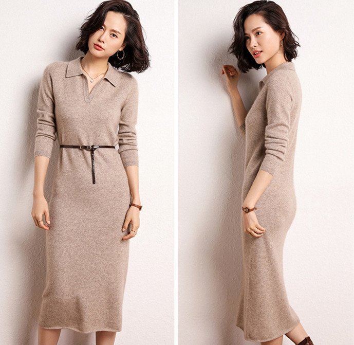 

Solid color neck cashmere sweater women's medium long slim dress thin autumn winter new knee knitting sweater JNS021