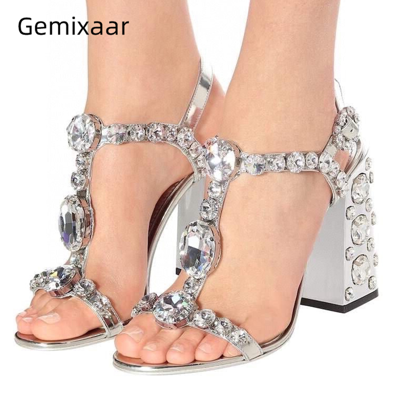 

Crystal Rhinestone T-strap Summer Sandalias Mujer Diamond Chunky Heel Open Toe Real Leather Banquet Sandals Women, Gold