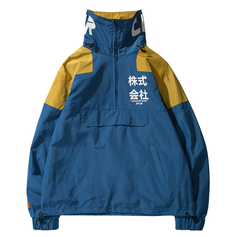 

Autumn Japanese Kanji Street Hip Hop Jacket Windbreaker Men Harajuku Multi Pockets Jacket Coat Casual Track US Size -XXL, Blue