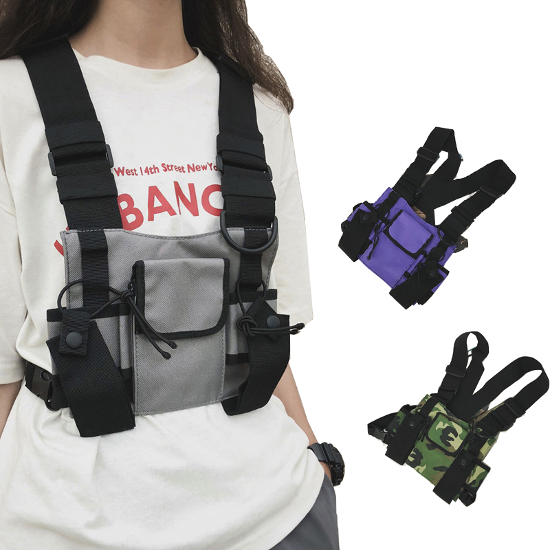 

Running bag hip-hop chest bag vest men and women shoulder chest function tactical multi-pocket sports equipment, Black