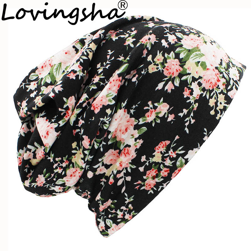 

LOVINGSHA Autumn Winter Women Thin Skullies Beanies Floral Design Multifunction Hats For Girl Lady Fashion Feminino Scarf HT098, Black