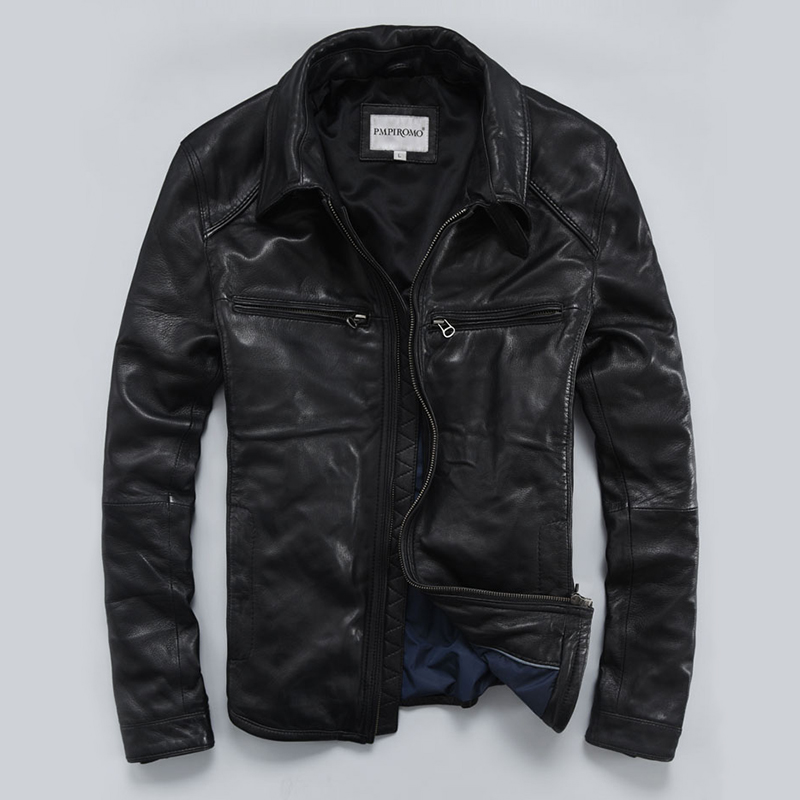 

Slim New Lapel Fit Genuine Short Sheep Skin Motorcycle Leather Jacket Men' Clothing, Black