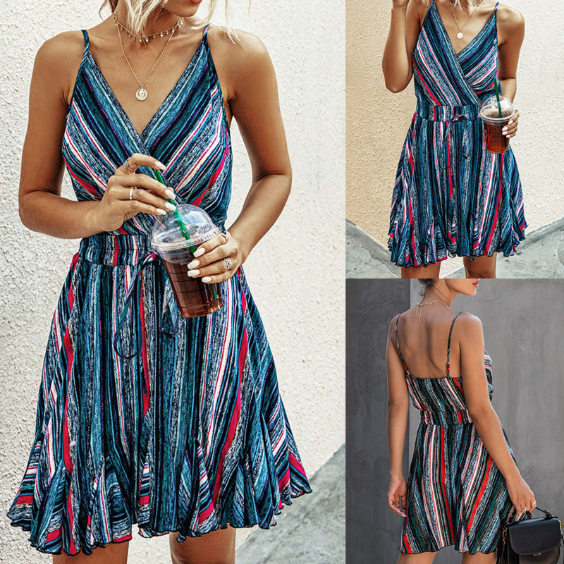 2020 Mode d'été de Bohème robe sexy bleu Spaghetti Strap robes col V impression sans manches Sundresses femmes Robe Boho