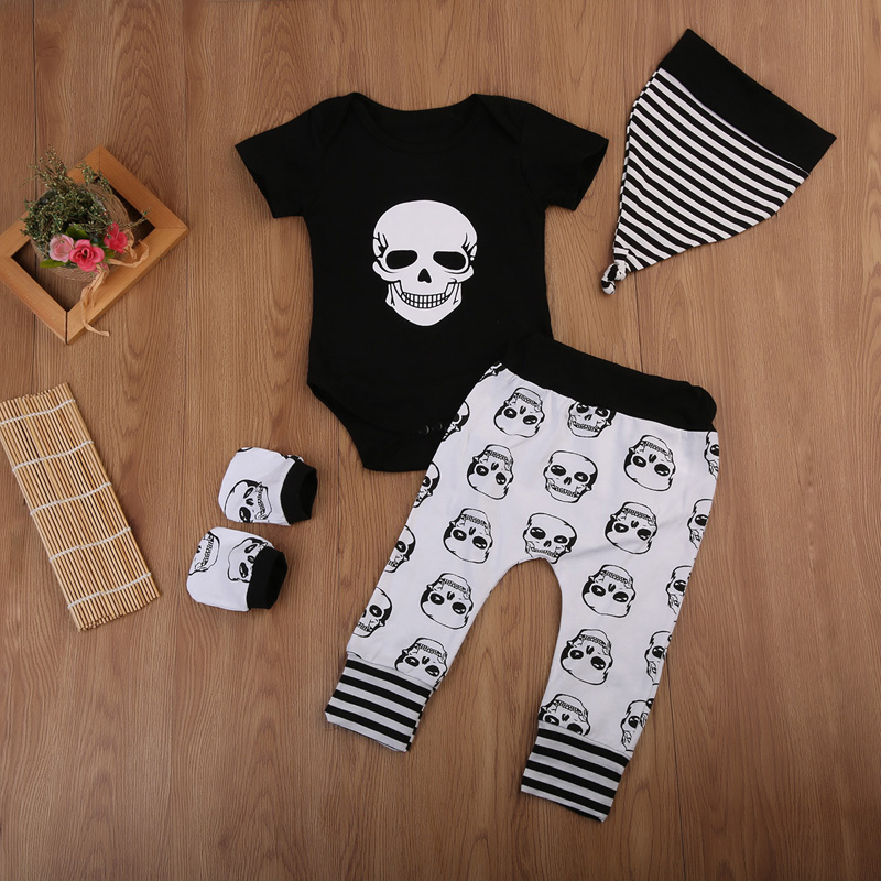 

Hot Lovely Newborn Kids Baby Boys Skull Tops Romper Long Pants Hat 4Pcs Outfits Set Clothes, Black