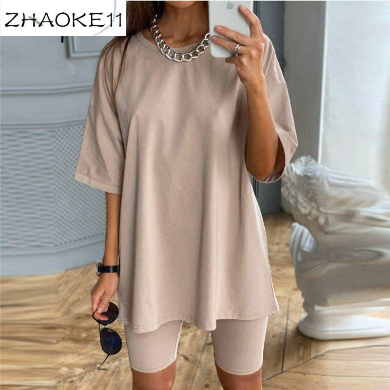 Mode Blanc Kaki Sexy Femmes Summer O Cou Chemise à manches courtes Tops et Bodyconshorts Bas costume de fond de deux pièces Ensembles Outfit