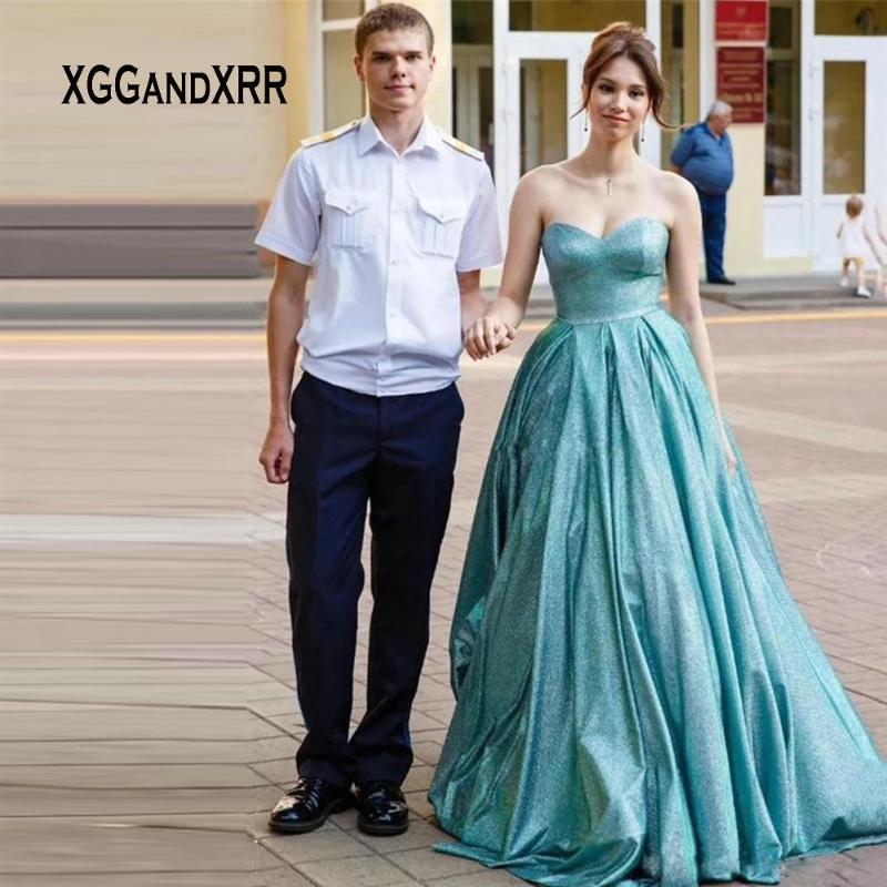 

In Fashion A Line Prom Dress 2020 Sweetheart Backless Sparkling Fabric Swep Train Long Formal Evening Gown Homecoming Dresses, Green