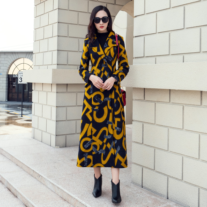

2019 High Quality Woolen Coats Fashion Winter Coat Women Long Wool Blends Coat Female Vintage Printing Over size Manteau Femme, Yellow