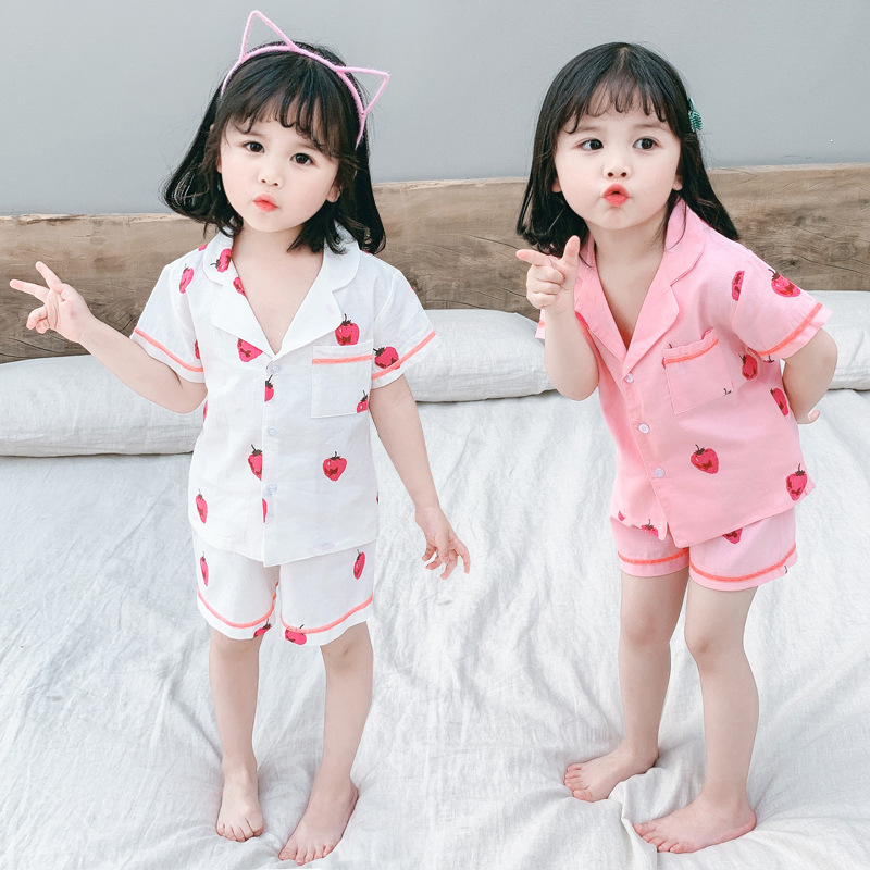 

Two Piece Pajamas Set Kids Baby Girls Short Sleeve Shirt + Shorts Strawberry Cotton Button Cardigan Sleepwear Toddler 1 to 8 yrs, Pink