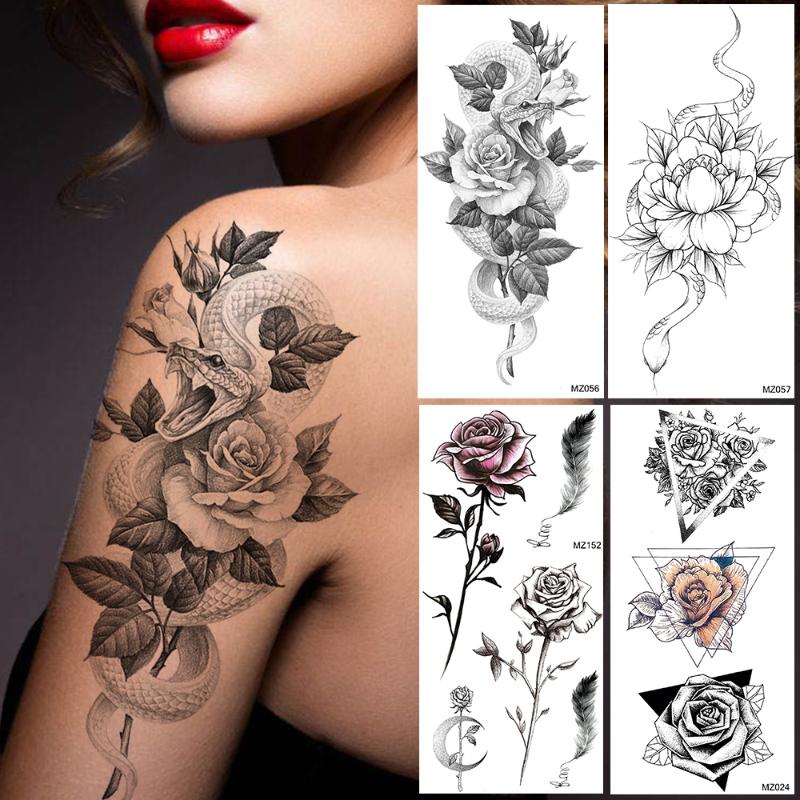 

Creative Lotus Snake Temporary Tattoos Sticker For Women 3D Body Art Painting Legs Arm Tatoo Decal Fake Waterproof Black Tattoos