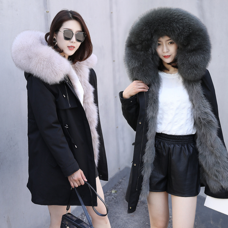 

Real Fur Coat Women Fox Fur Liner Parka Winter Coat Women Windbreaker Womens Clothing Abrigos Mujer Invierno 2019 1903 YY690, Black white