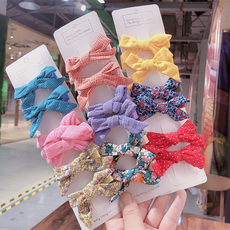 

3 Pair New Korean Simple Cute Plaid Floral Fabric Bow Duckbill Clip Fashion Sweet Girl Children's Hairpins Hair Accessories