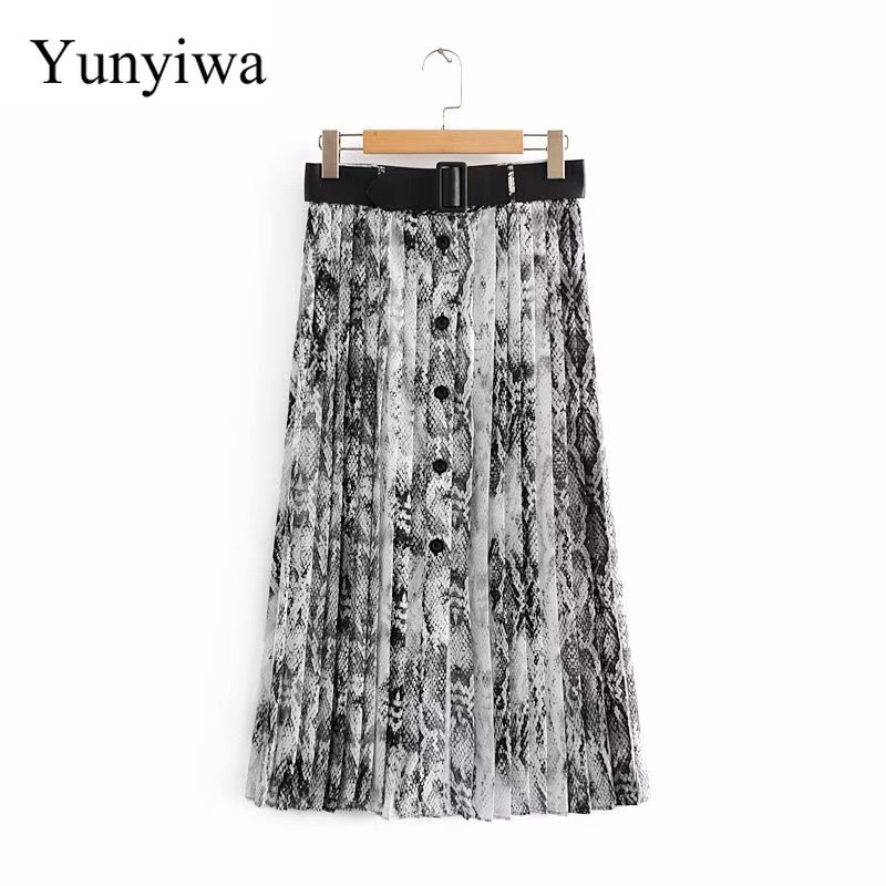 

2018 New Women Vintage Sexy Snake Skin Printing Pleated Midi Skirt Faldas Mujer Ladies PU Sashes Chic Mid-calf Skirts, As picture