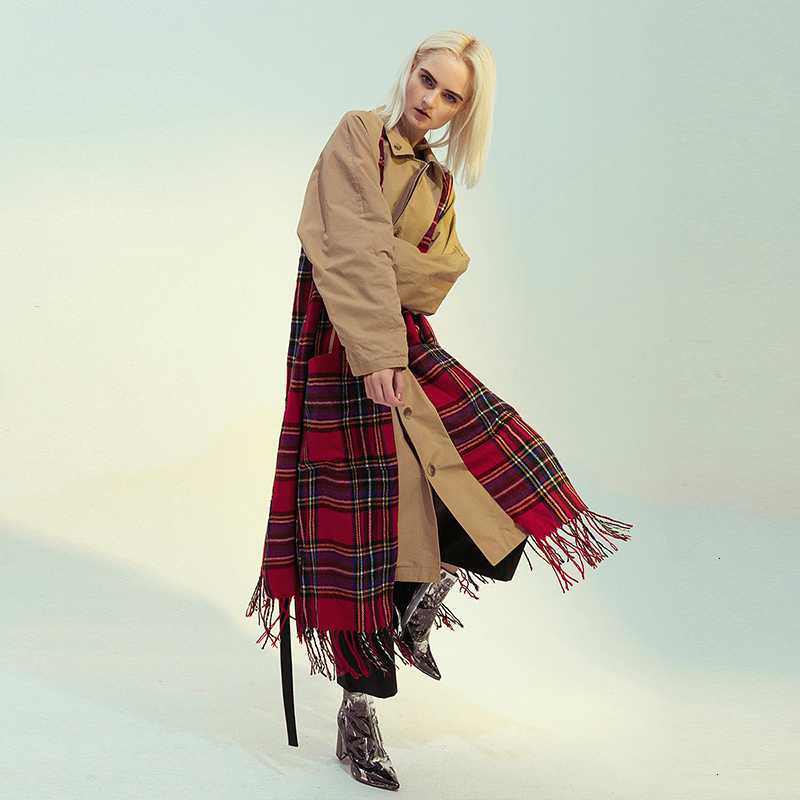 

Women Plaid Tasses Both Side Wear Big Size Trench New Lapel Long Sleeve Loose Fit Windbreaker Fashion Spring 2020, Khaki
