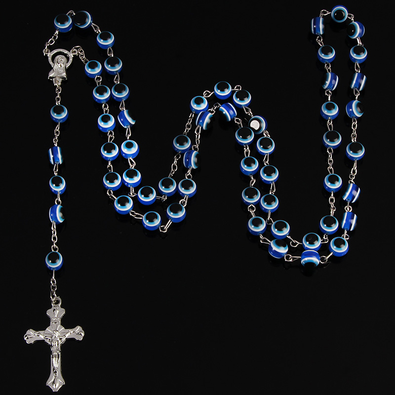 

24pcs/8mm Turkish Jewelry Blue Eye Necklace Men/Women Fashion Stainless Steel Saint Benedict Rosary Cross Long