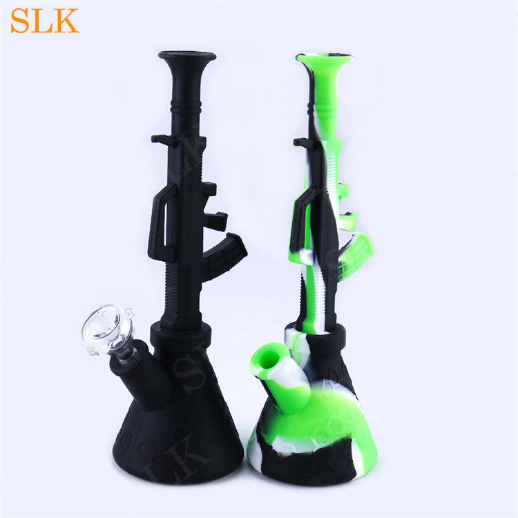 

Ak47 machine gun shape silicone smoking pipe Dab Straw Oil Rigs beaker bongs water pipes portable silicone water bong unbreakable glass pipes