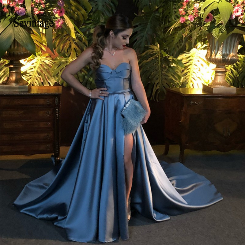 

Sevintage Sexy Side Split Celebrity Dresses Sweetheart A Line Satin Long Red Carprt Formal Evening Gowns Customized Counrt Train, Yellow
