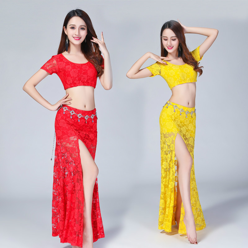 2018 New Women Lace Summer Belly Dancing Costumes Set 2Pics Backless Top/&Skirt