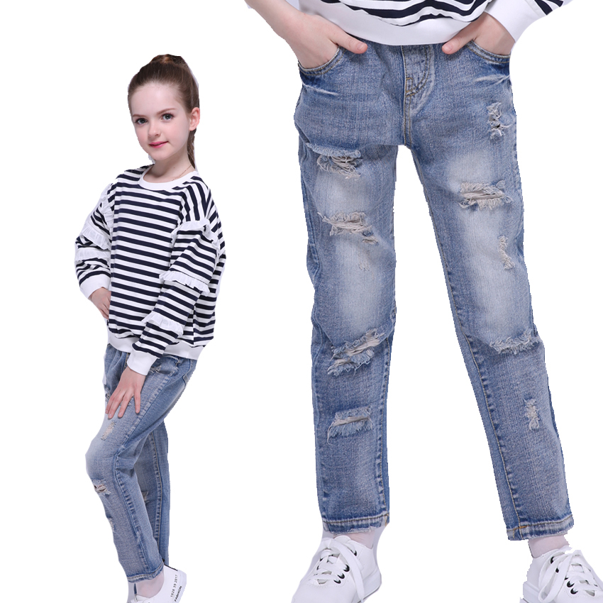 

Washed Jeans for Girls Straight Denim Pants Spring Kids Ripped Trousers Autumn Children Leggings 4 8 9 10 12 Years Girls, Blue