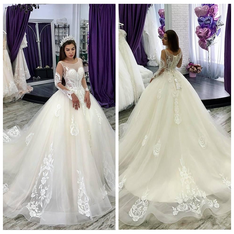 

Vestidos De Mariee 2020 Sheer Long Sleeves Lace Appliques A-Line Wedding Dresses Princess Bridal Gowns Bandage Back Garden Chapel Train, Black
