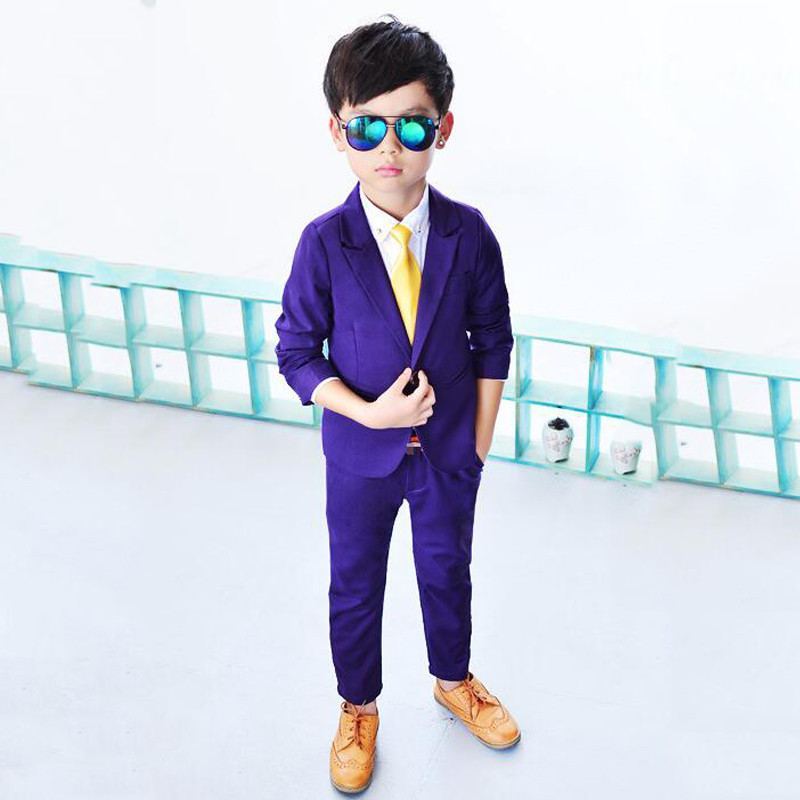 

New Children Boys Cotton Solid Blazer+Pant 2Pcs Sets Kids Boys Suits Formal Clothes Baby Boy Suit For Wedding Piano Party Y185, 2pcs set purple