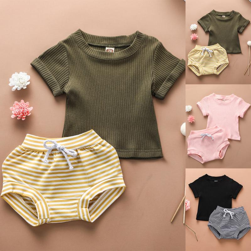 

Newborn Baby Boys Girls Short Sleeve Summer Solid Tops+Stripe Shorts Outfits Set Children's Girls' Clothing Sets Summer Outfit, Army green