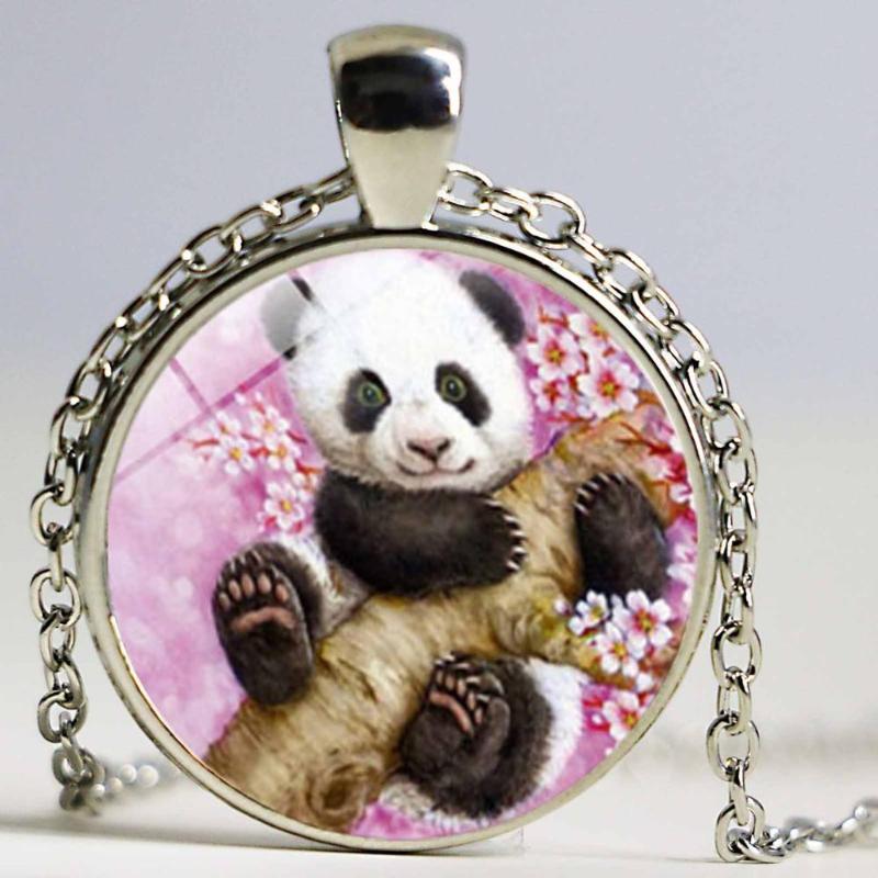 

Pendant Necklaces Cartoon Glass Cabochon Necklace Chain Panda Pattern Shaped Choker Long For Unisex Gift Jewelry