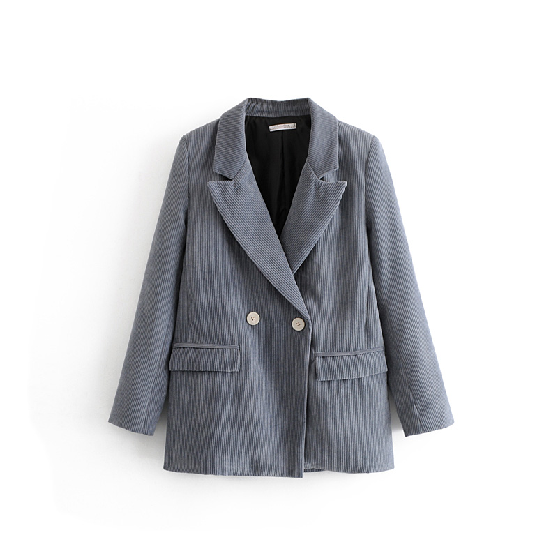 

Vintage Women Blazer Gray Corduroy Office Ladies Coat Double Breasted Notched Collar Fashion Tops Clothes 2018 Casaco Femme