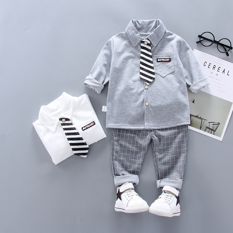 

New Baby Boys clothing Sets White Grey shirt+Plaid pants 2pcs Infant toddle Suitskids outwears with tie baby boys clothes, Gray